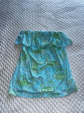 Lilly Pulitzer Off-Shoulder Ruffle Women’s Top Aqua & Green Crab Print Pattern